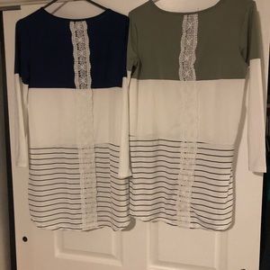 Dressy stripe solid blouse navy and olive color